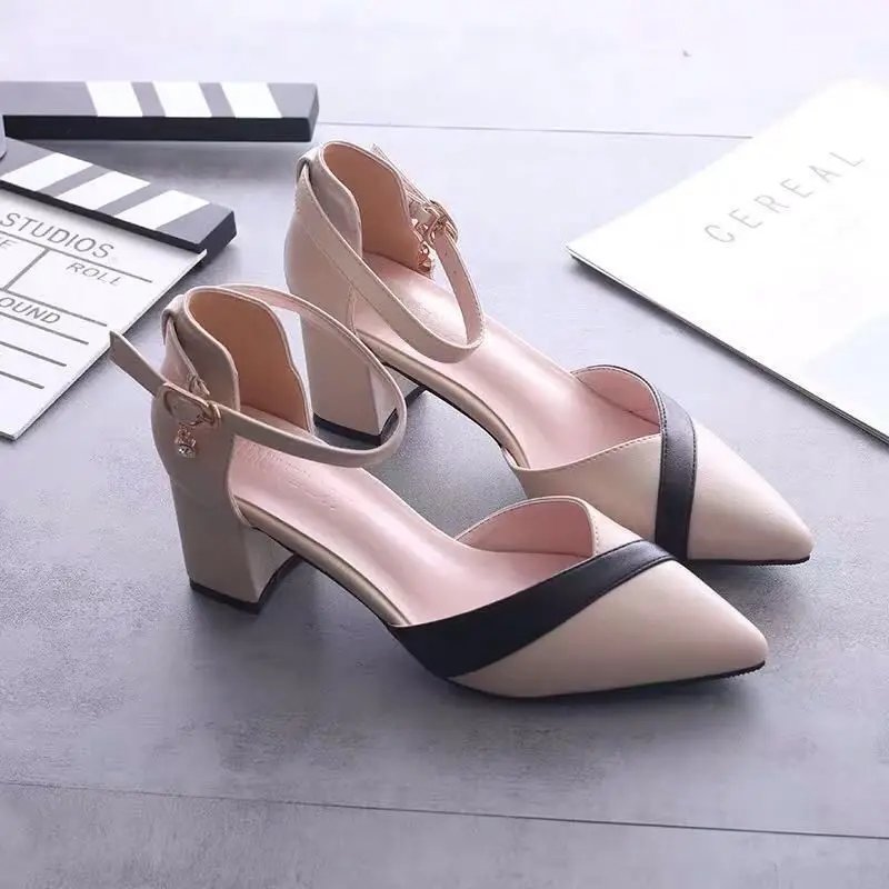 Women's Classic Beige Square Heel Pointed Shoes for Party Ladies Spring Summer Black Buckle PU Leather Profession Pumps