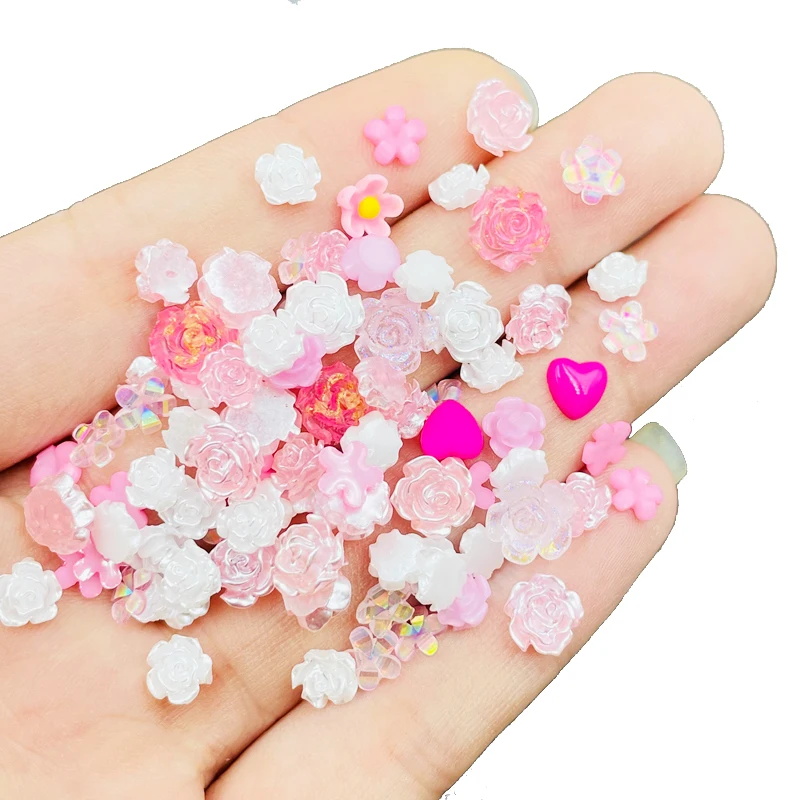 100 Pcs New Cute Mini Shiny Mixed Color Floret Resin Figurine Crafts Flatback Cabochon Ornament Jewelry Making Accessories N57