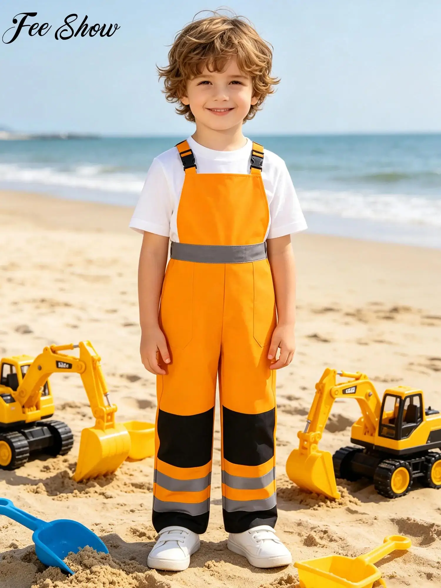 Kid Boys Girls Strips Water Resistant Overalls Jumpsuits Unisex Color Block Suspender Pockets Trousers for Outdoor Activities