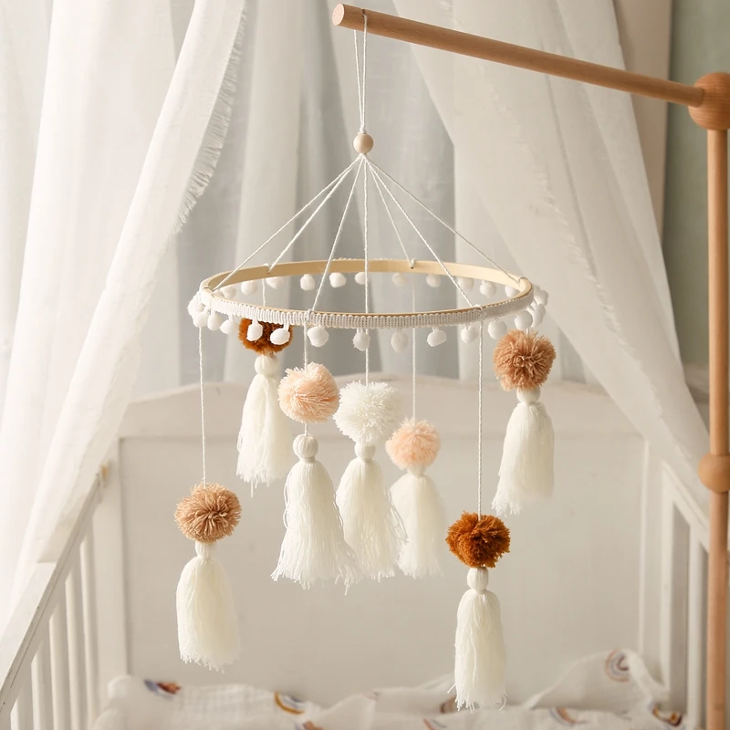 Macrame Rainbow Baby Mobile Boho Bracket Mobile Hanging Rattles Baby Toys Wooden Bed Bell Holder Arm Bracket for Babies Gift