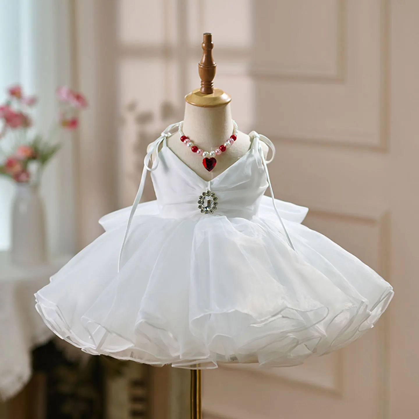 

Jill Wish D116 White Flower Girl Dress V-Neck Crystal Knee Length Princess Kids Wedding 1st Birthday Party Pageant Formal Gown