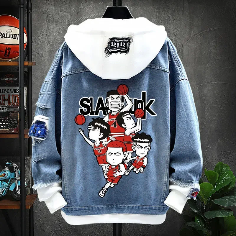 SLAM DUNK Sakuragi Hanamichi loose hooded casual denim jacket Q version character print fashion stitching versatile boys jacket