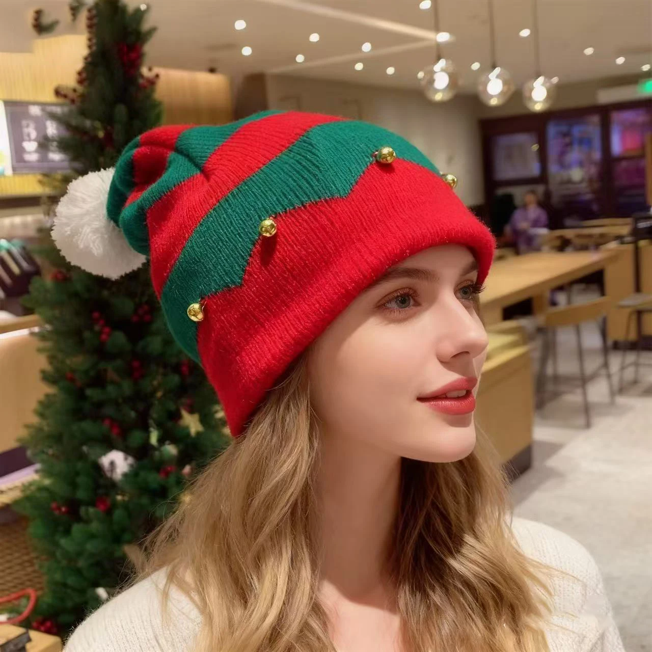 Unisex Christmas Elf Hat Red Green Striped Knitted Beanie with Bell Pom Pom Winter Holiday Party Decorative Knit Cap