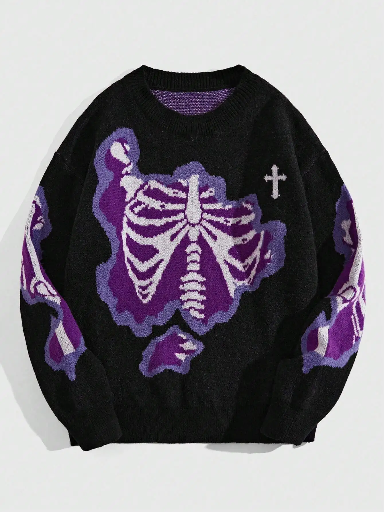 

Black Oversized Knit Sweater with Purple Skeleton Graphic and Cross Motif for Halloween or Grunge Style