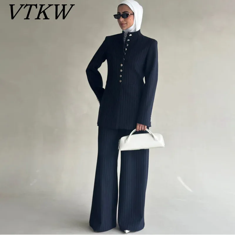 

VTKW 2026 New Arrival Women Navy Blue Pinstripe Mandarin Collar Single Breasted Blazer Pockets Wide Leg Pants Set Office Casual
