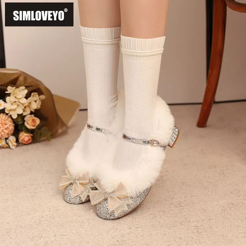 

SIMLOVEYO популярные теплые туфли для девочек Sweet Flast с круглым носком и пряжкой на ремешке с узлом-бабочкой и блестящими кристаллами, расширенный размер 41, 42, 43, зима