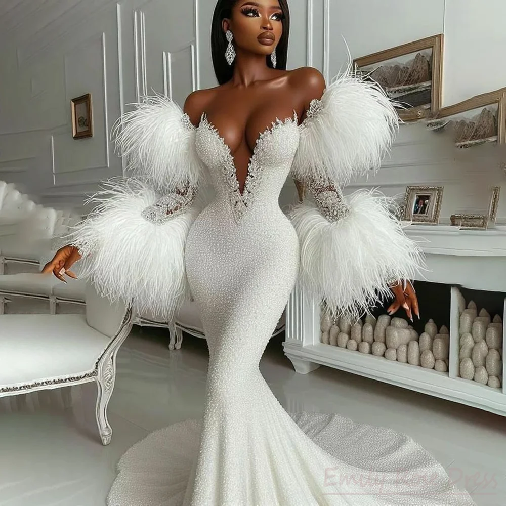 

Customized Luxury Evening Dresses With Feather 2025 Bridal Wedding Party Dress Mermaid Prom Gown For Women Robes De Soirée