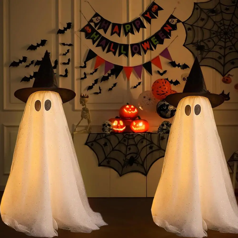 Yard Ghost Decor Halloween Ghost Decorations Halloween Outdoor Standing Ghost Decoration with Witch Hat Led String Lights Spooky