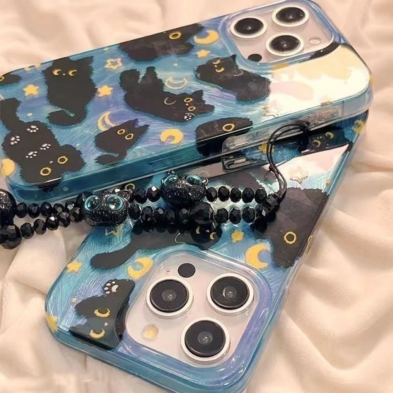 Cartoon Dreamy Moon Cute Cat Doodle Phone Case for Samsung Galaxy S25 S24 S23 S22 FE Ultra Plus 4G 5G Feather Texture Back Cover - náhled 5