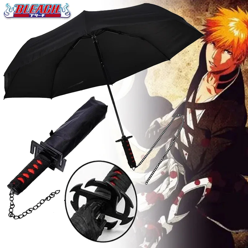 Paraguas Katana Bleach de Anime, sombrilla negra plegable, Kurosaki Ichigo, espada, cuchillo, tamaño Real, Katana japonesa, samurái, paraguas de sable