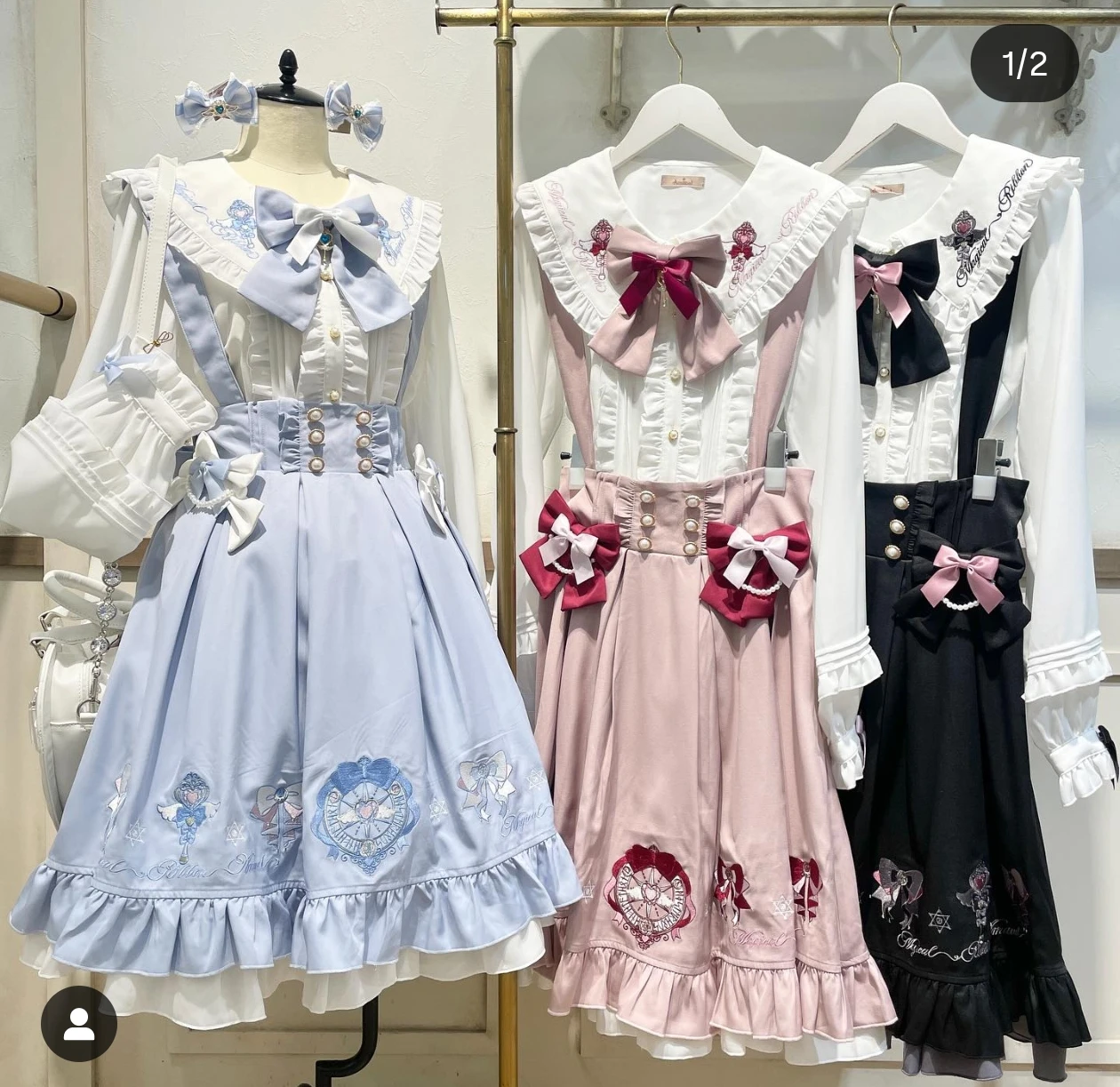 和菓子のような可愛さ、ロリータ風の大きなリボン付きドールカラーのショートドレス、女性用刺繍入り長袖シャツ、ハイウエストサスペンダースカートのセット