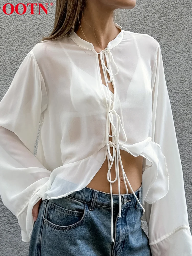 OOTN-Blusa de manga larga holgada para mujer, camisa blanca con cuello levantado, Tops con cordones, Sexy, transparente, color liso, informal, Otoño, 2024