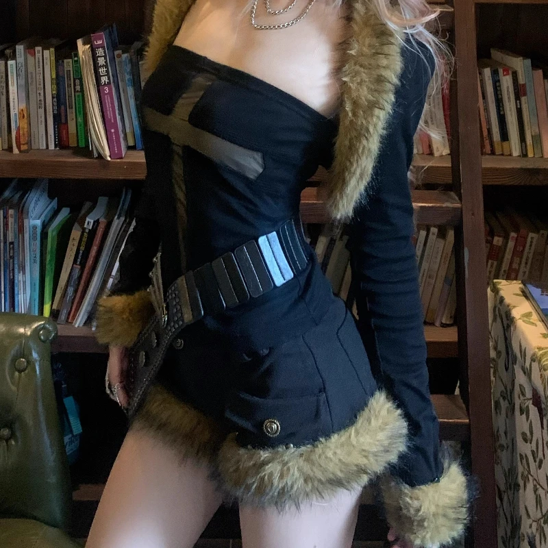 Punk Dark Gothic Sweet Cool Sexy Women's Clothing Original Design Autumn Winter Hot Girl Rivet Furry Spliccing Shorts Ladies