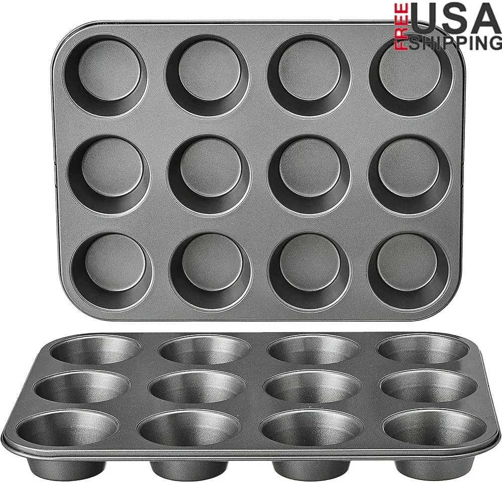 

Nonstick Round Muffin Baking Pan Set of 2 Heavyweight Steel 12 Cups Durable Oven Safe 428F Easy Release