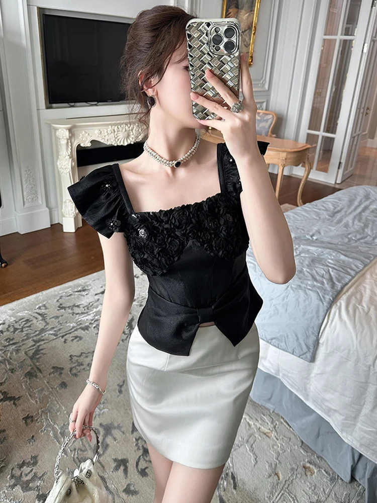 

Women Clothes Chic Black Floral Sexy Square Neck Shirt Mujer Elegant Ruffle Tank Slim Short Tops Party Prom Blouse Casual Summer