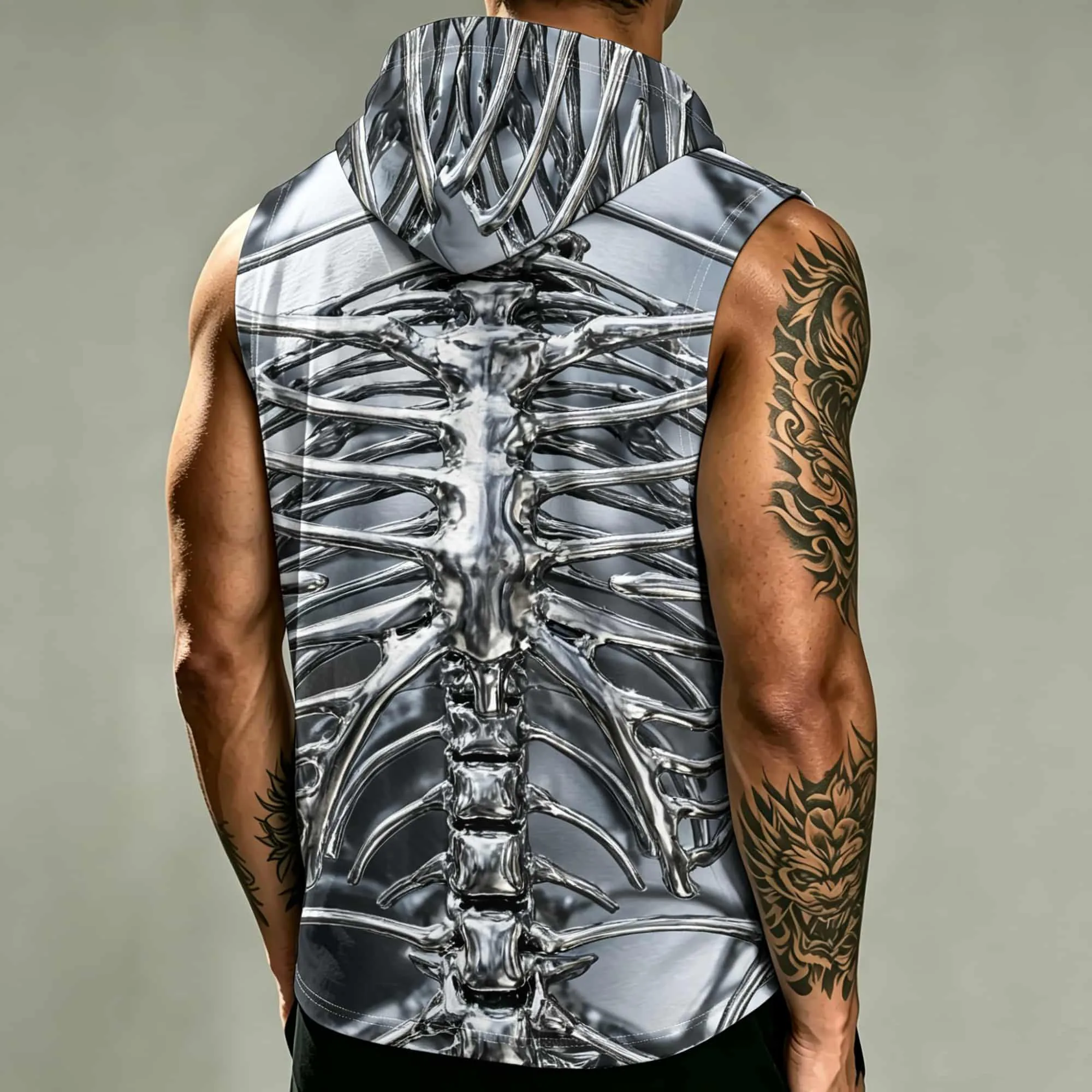3D Metallic Skeleton Print Hooded Sleeveless Tank Top for Men, Gym Running Graphic Casual Summer Outfit