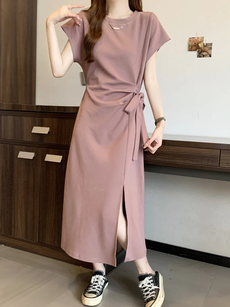 Long T-Shirt Dress Women Summer plus Size Slimming Waist Cinched Belted Short Sleeve Open-Front A-Line Midi Dress Korean Style