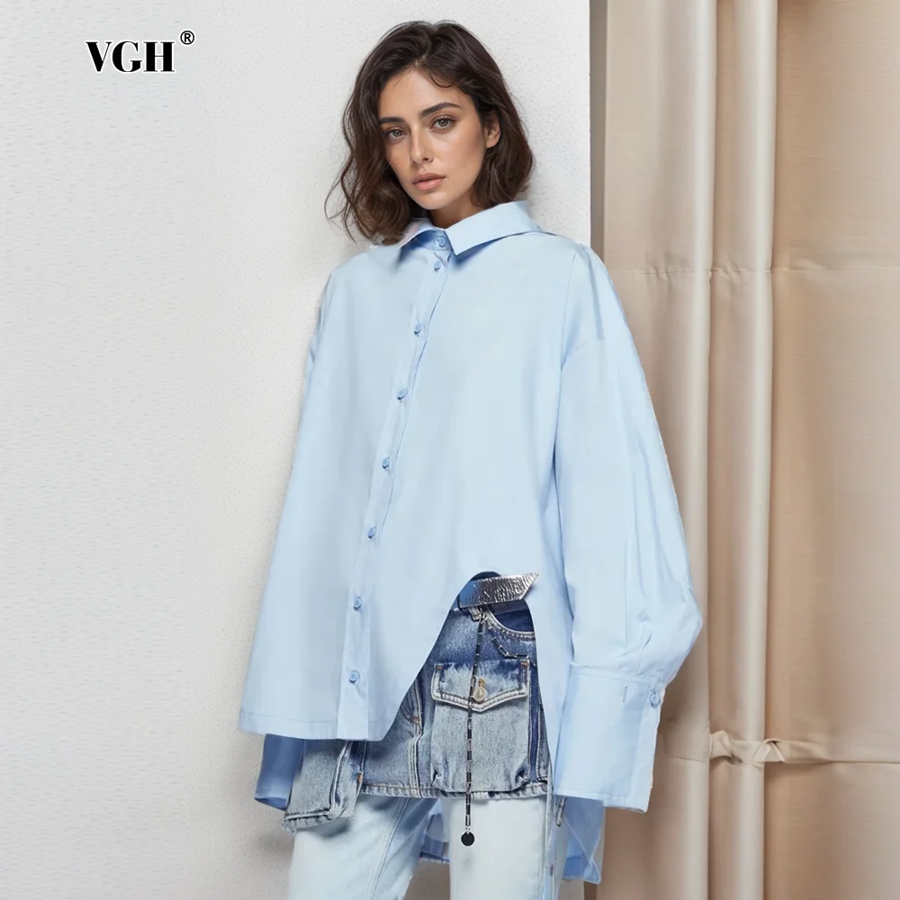 

VGH Solid Minimalist Casual Loose Shirt For Women Lapel Long Sleeve Patchwork Single Breasted Irregular Shirts Female