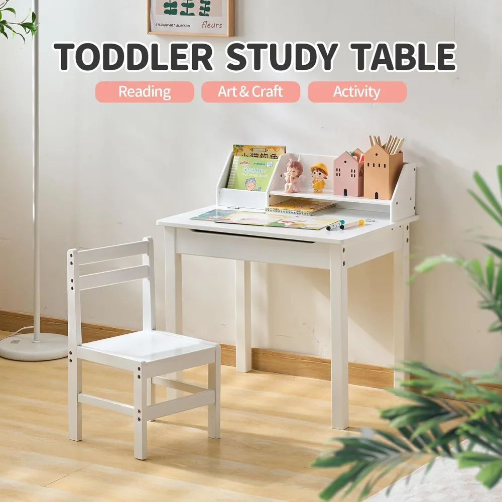 Ensemble bureau et chaise en bambou pour enfants, ensemble bureau et chaise à élévateur pour 3-8 ans, bureau d'écriture pour enfants avec rangement et clapier