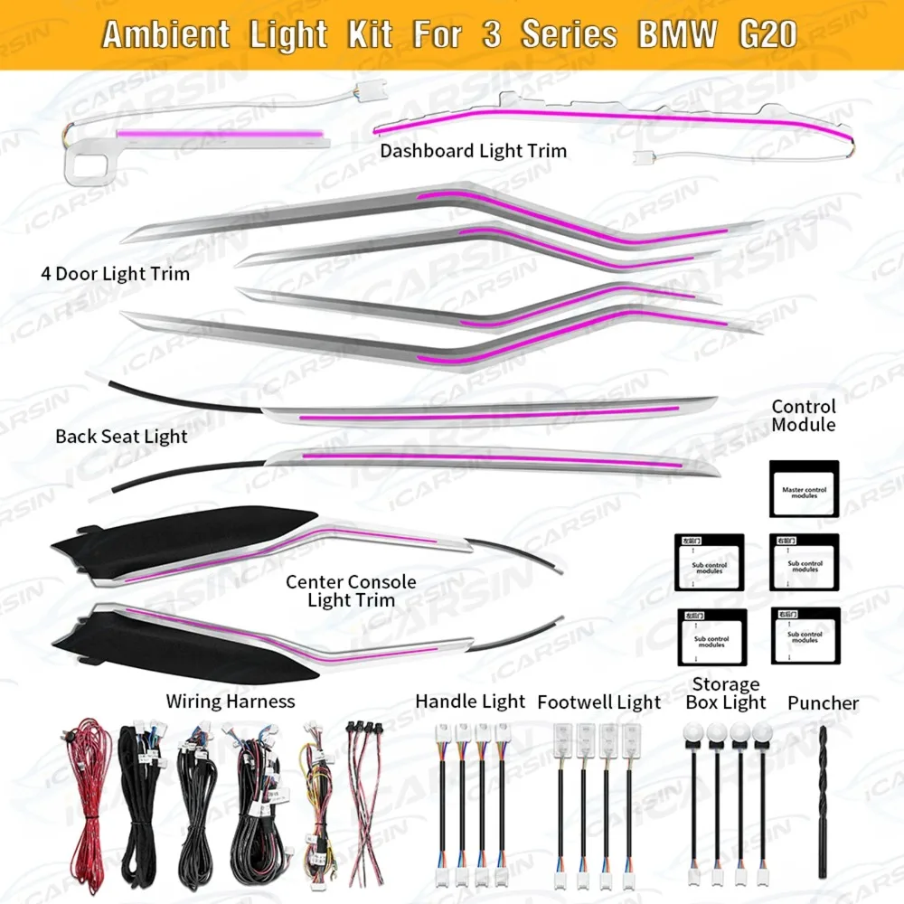 

10-цветный комплект для обновления окружающего освещения экрана для BMW 3 серии G20 2023 M340i 330i 320i, аксессуары для внутреннего освещения