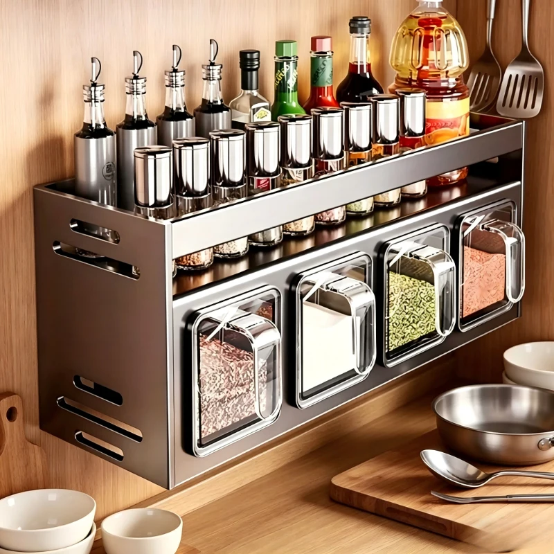 

Wall Mounted Stainless Steel Seasoning Rack, Gray 2-Tier 4-Compartment Organizer for Kitchen Spice Jar Storage