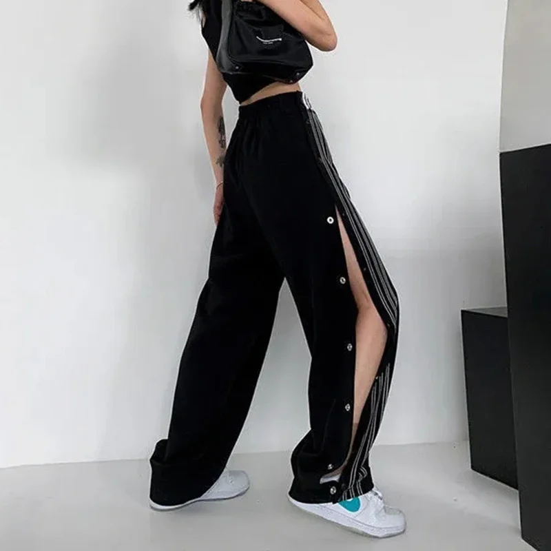 Y2K Streetwear Slit Wide Leg Pants Women Striped Buttons High Waist Straight Trousers Fashion Breasted Loose Black Sweatpants