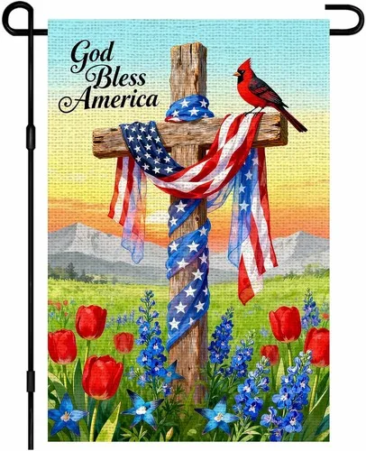 4th of July Cardinal Bird Garden Flag God Bless America Cross American, 12x18 XXQ