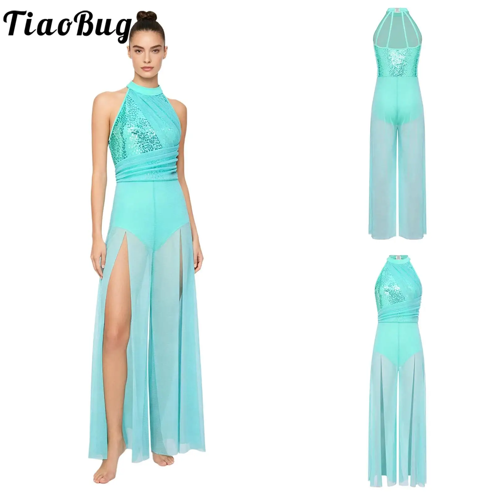 

Women Sequin Shimmery Gymnastic Ballet Jumpsuit Sleeveless Mesh Split Wide-Leg Bodysuit Dance Ballet Jazz Figure Skating Costume