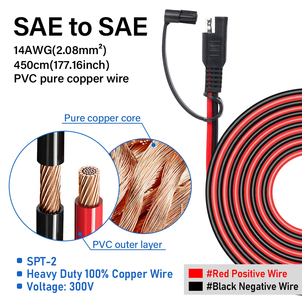 

SAE to SAE Extension Cable Quick Connector 14AWG 4.5M 12V-36V SAE Plug Battery Charging Cable For Car RV Motorcycle Solar Panel