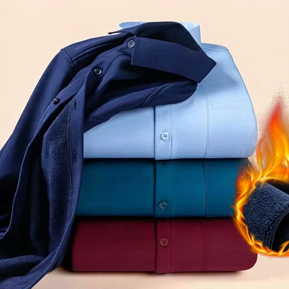Camisa de manga larga de forro polar grueso para hombre, ideal para el invierno, de corte entallado, con bolsillo, tejido elástico y cálido, perfecta para un estilo de vestir profesional y casual.