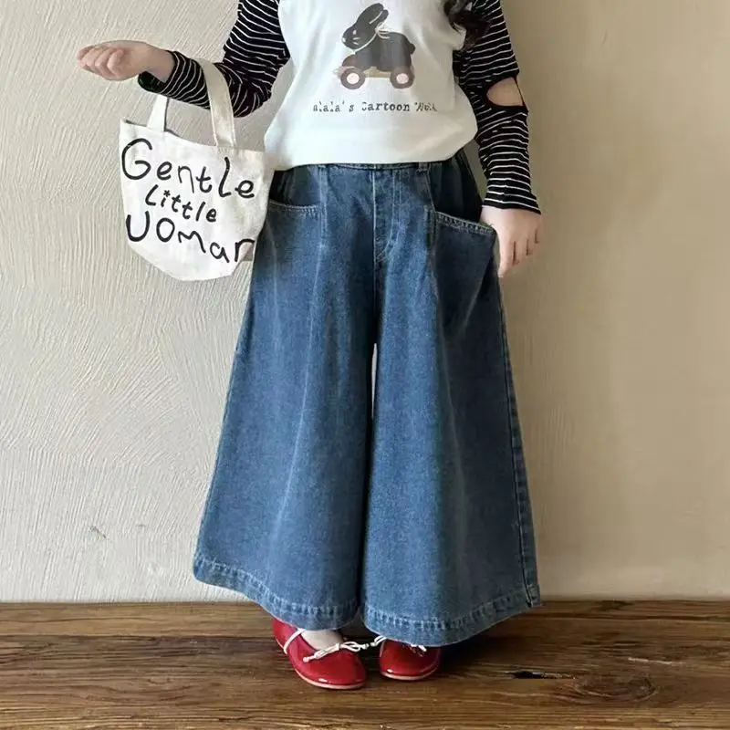

New Girls Wide Leg Jeans Denim Cotton Elastic Waist 2026 Spring Autumn New Casual Korean Girls Casual Pant