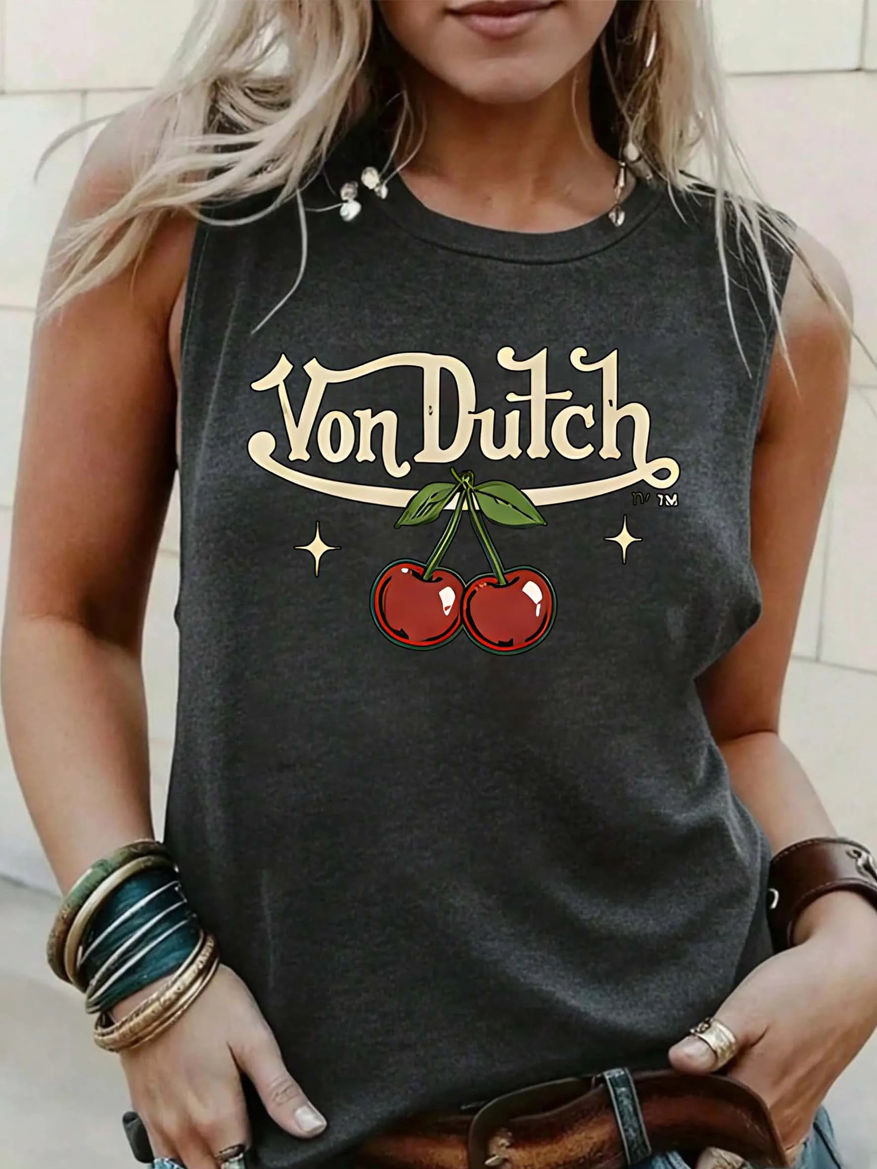 Sommer-Tanktop für Damen mit Kirschmuster, Y2K süßes und lässiges ärmelloses Top im amerikanischen Retro-Stil. – Detail 1