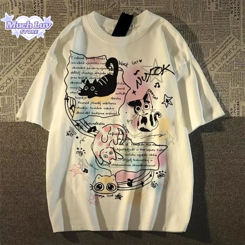 Kleurrijke Cartoon Kitten Gedrukt T-Shirt Voor Mannen En Vrouwen Zomer Mode Trend Casual Comfortabele Katoenen Paar Korte Mouw