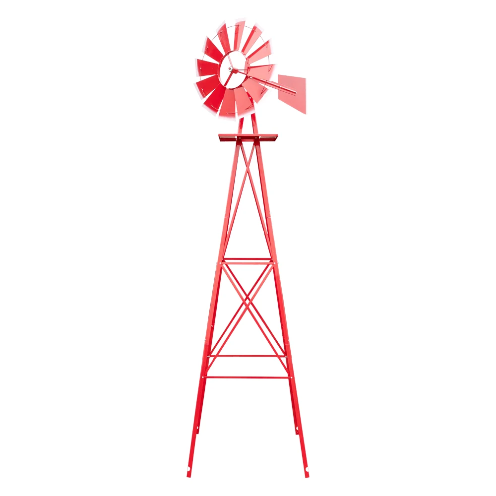 8FT Red Decorative Garden Windmill, 4-Leg Steel Yard Wind Mill with Weather Vane, Weather Resistant Iron Windmill for Lawn Backyard Ornament