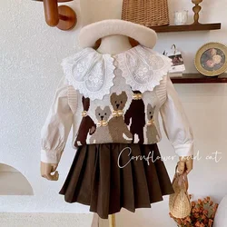 Kids Clothes for Girls Knitted Sweater Vest Lace Shirt Pleated Skirt 3-piece Set Baby Girls Cartoon Cute Skirt Sets Boutique