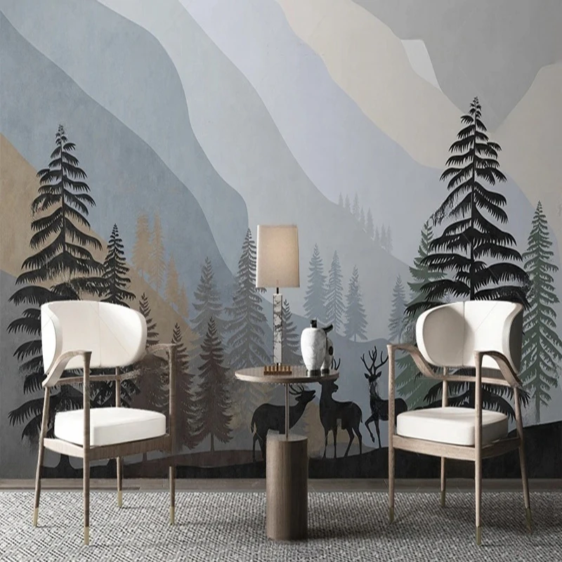 

MU8690 Nordic forest elk scenery distant mountains TV sofa background wall painting