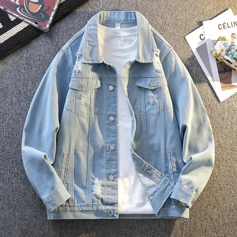 

Men's Spring-Autumn New Jeans Jacket Turtleneck Long-Sleeved Washed-out Individual Jeans Jacket Men's Outerwear