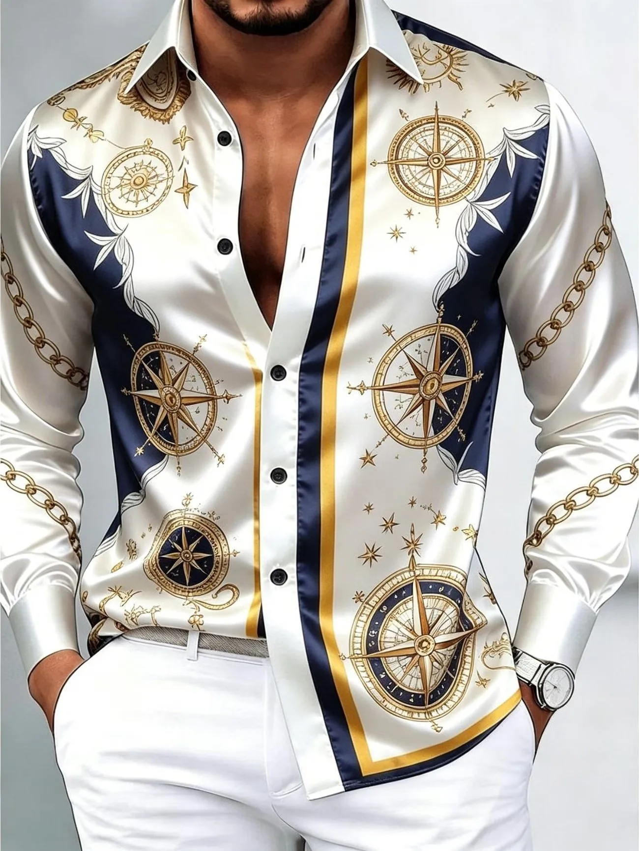 Luxury Men's Satin Long Sleeved Shirt, 3D Printed with Artistic Patterns, Comfortable Casual Vacation Collar Shirt