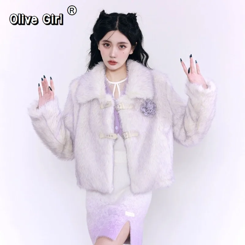Olivegirl High End Purple Fur Plush Jacket Winter Women's Coat Lovely Super Warm Elegant Temperament INS Party New Year Live