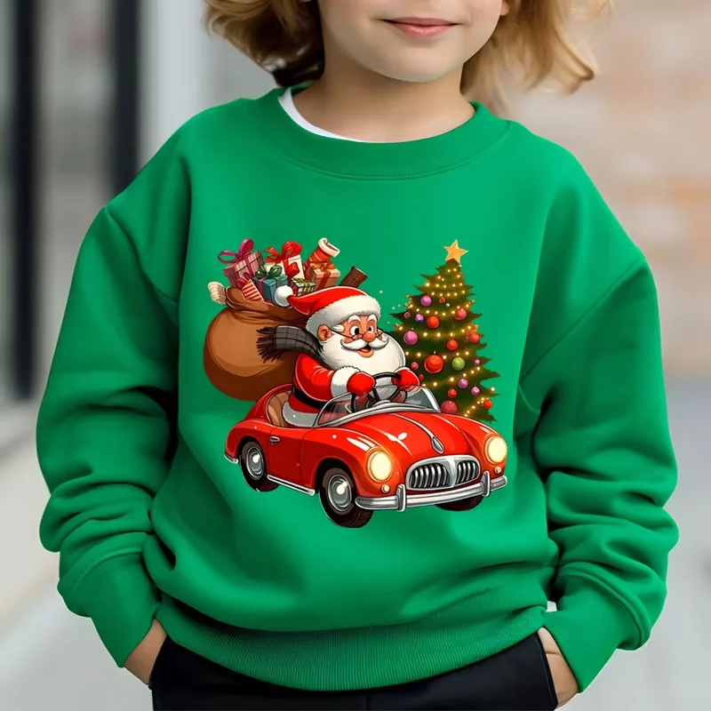 

Boys Christmas Sweatshirt with Santa & Car Print Long Sleeve Sweater Casual Long Sleeve Pullover for Holiday Cartoon Boy Clothes