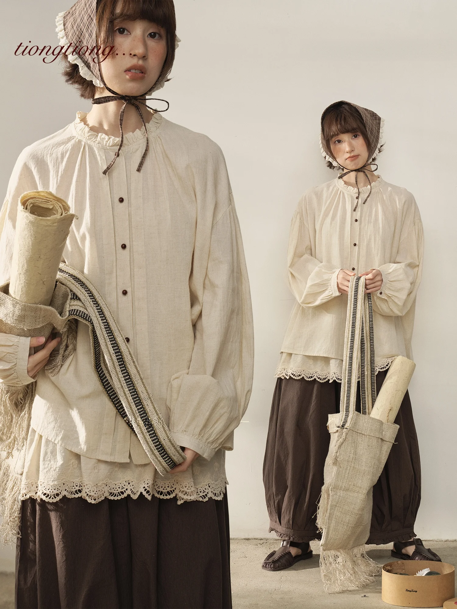 

TONGTIONG Japanese Sle Long Sve irt Women's Loose Fit Floral Collar Cotton Linen Blend Spring Season Button up