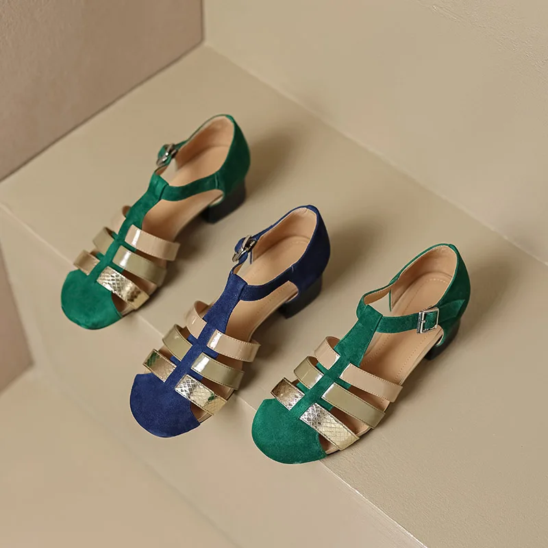 Phoentin Vintage Green Sandals Female Mixed Colors Elegant Woman Shoes With Low Heels T-Strap Shoes Narrow Bands FT2400