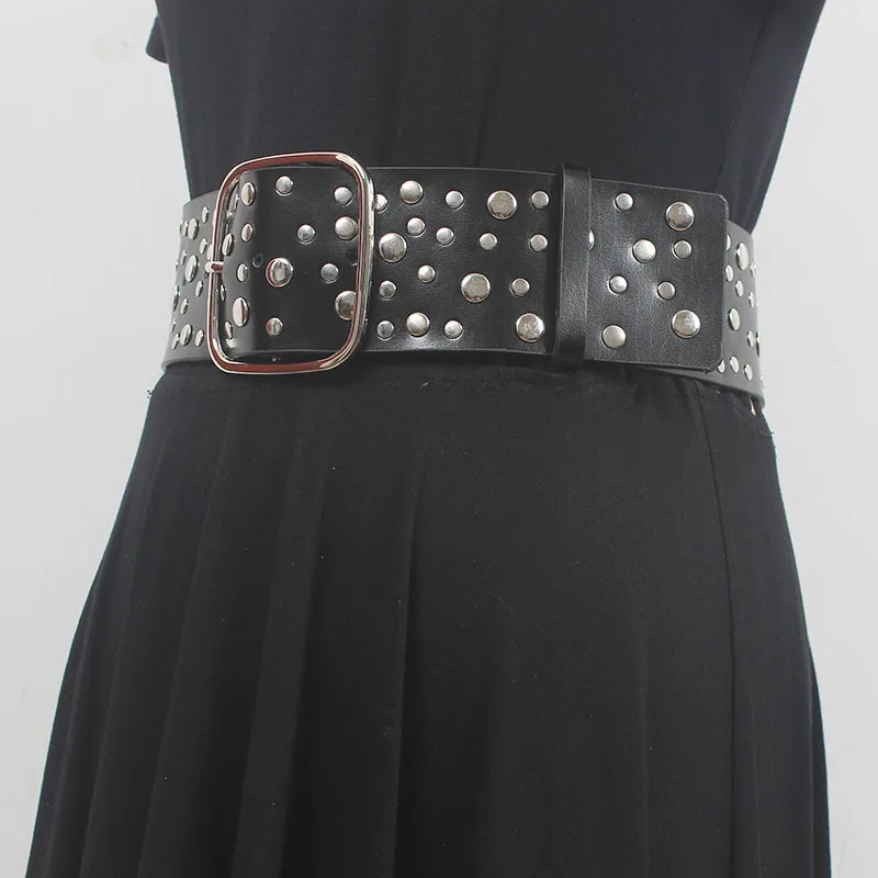 [EAM] Pu Leather Black Rivet Square Buckle Wide Belt Personality Women New Fashion Tide All-match Spring Autumn 2024 1DH5538