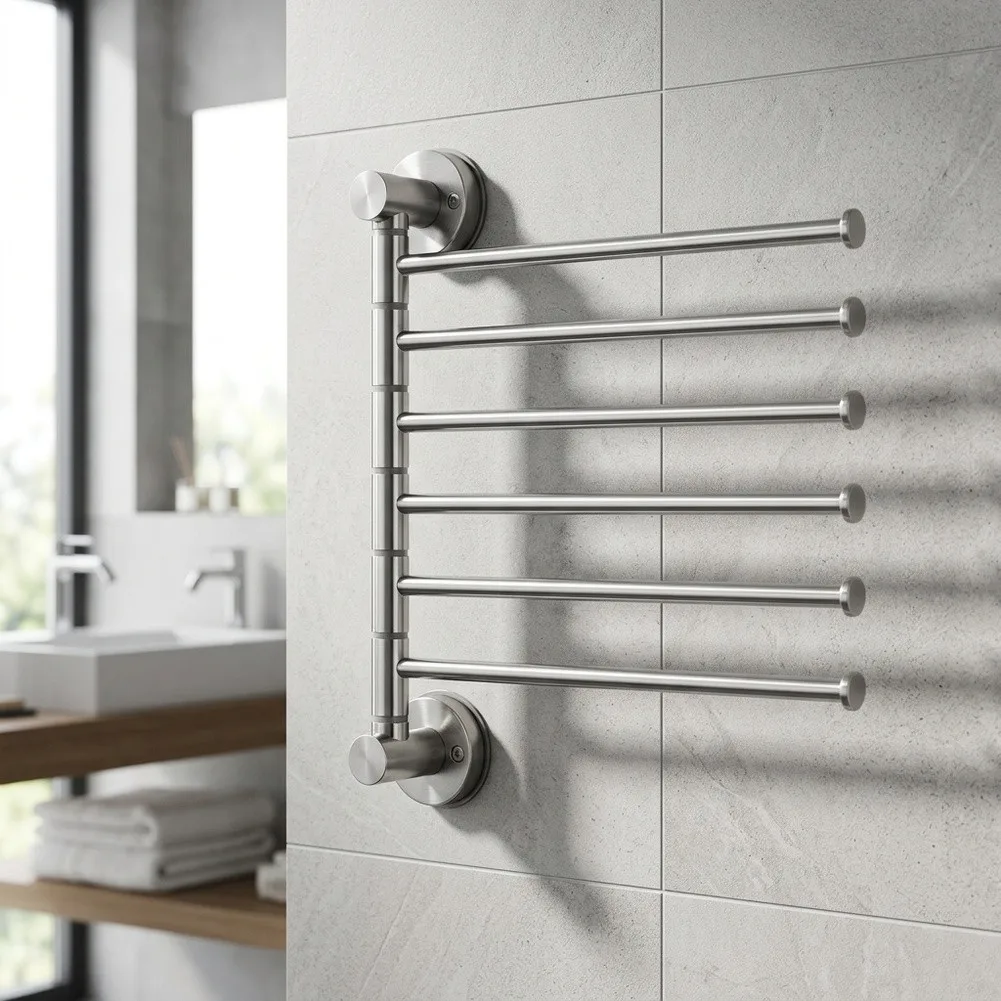 Stainless Steel Swivel Towel Rack with Six Rotating Arms Designed to Maximize Utility in Narrow Bathroom or Kitchen Zones