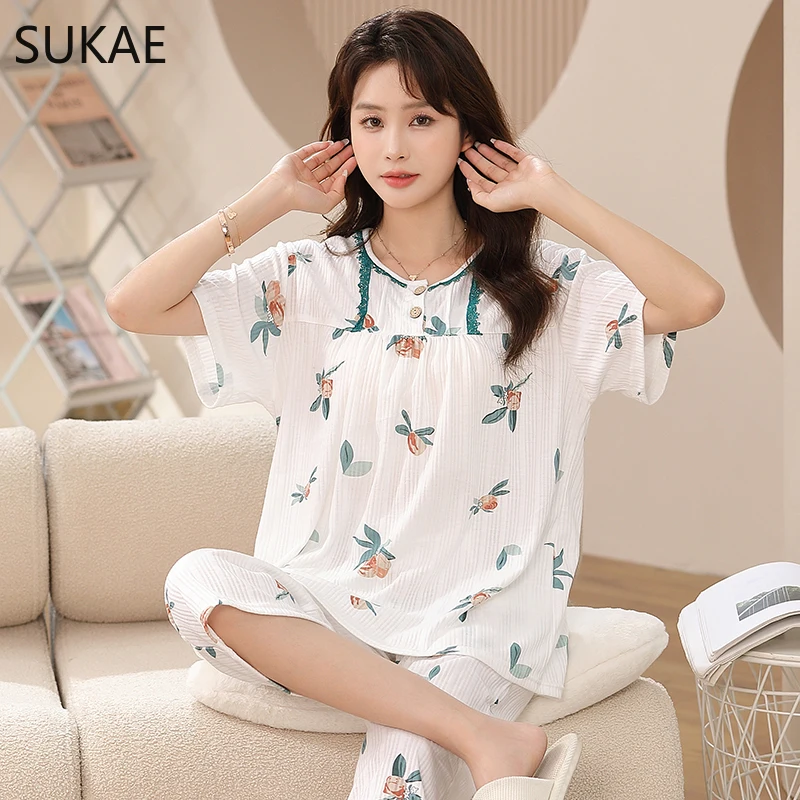 SUKAE Elegant Woman\'s Pajamas Set Summer Knee-length Sleepwear Gorgeous Floral Pijamas Lady Calf-Length Pants Pjs Mujer Homewear