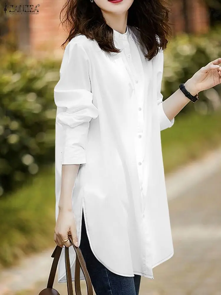ZANZEA المرأة عادية الأبيض قمصان طويلة 2025 الخريف اليوسفي طوق زر حتى بلون مدورة هيم الجانب الشق قميص S-3XL