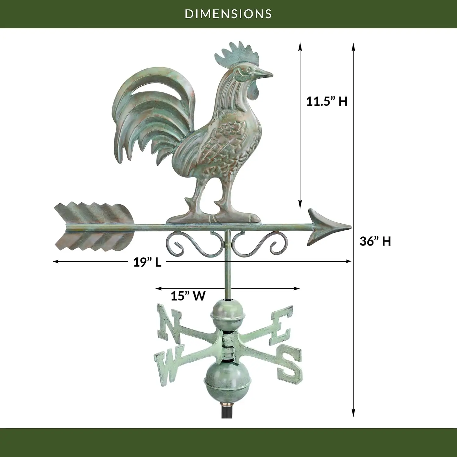 Bantam Rooster Copper Weathervane, Includes Adjustable Roof Mount for Easy Installation - Blue Verde Copper, Customized