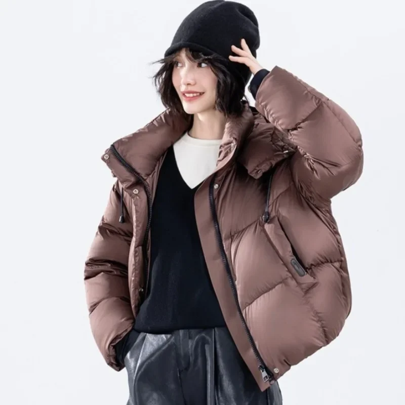 Coffee Short Styles Hooded Jacket Women's Casual Loose Thickened Winter Coats Zippers Buttons Double Door Placket Warm Overcoat