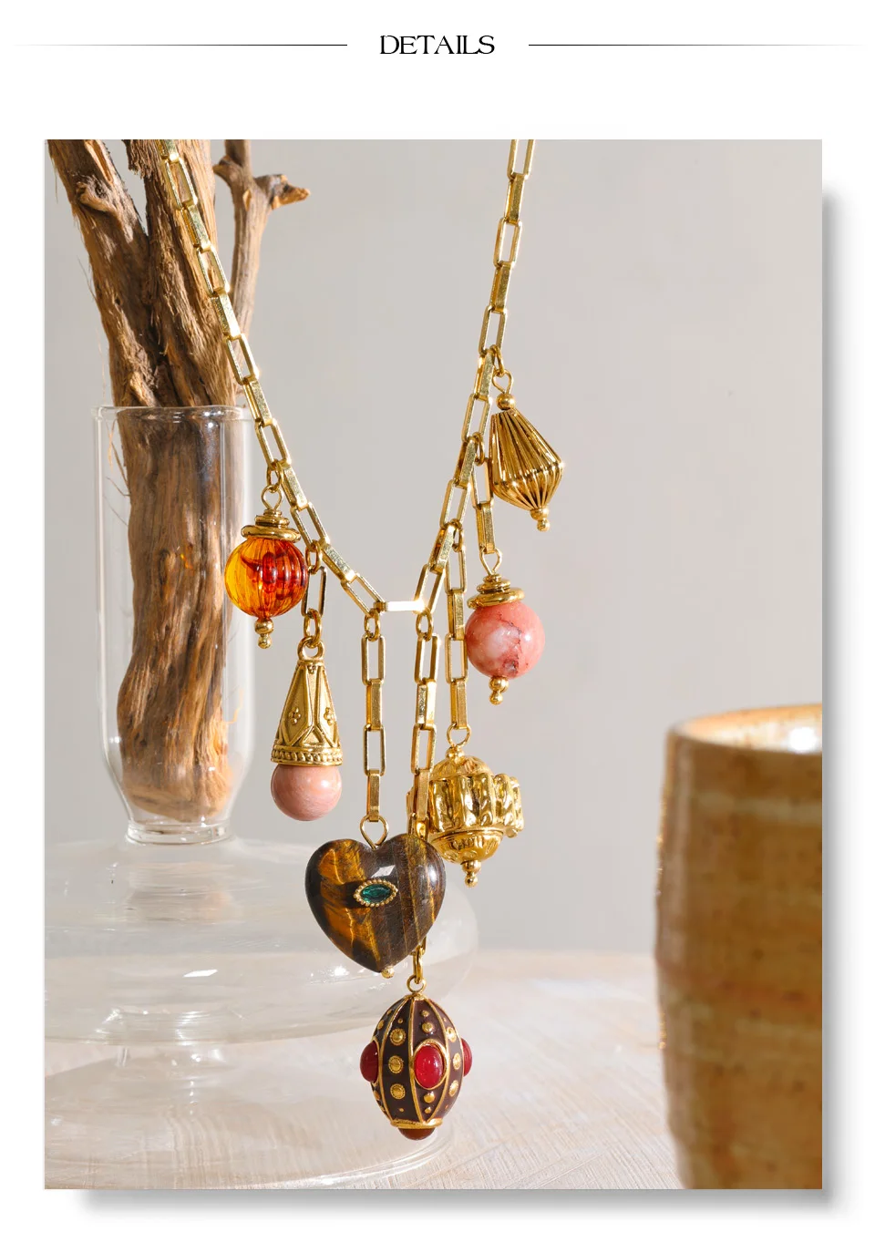 Yhpup Edelstahl-Halskette mit natürlichem Stein, rundem Herzanhänger, Herbst-Winter-Stil, Statement-Modeschmuck – Detail 9