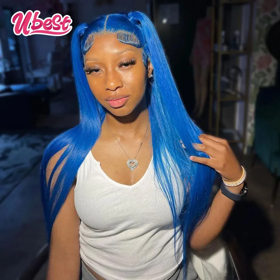 

Ubest Blue Colored 13X6 13x4 Straight Transparent Lace Front Wig 100％ Human Hair 200％ Density Brazilian Hair Lace Front Wigs